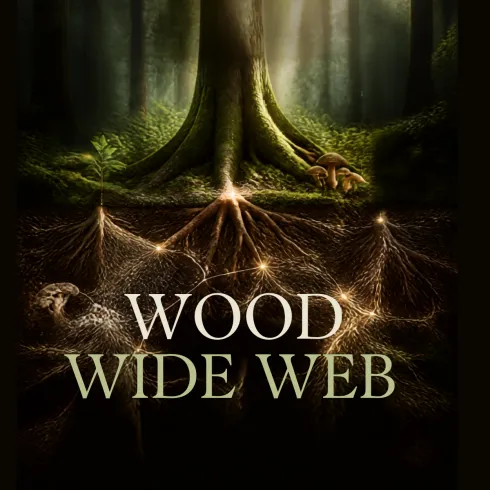 Ein großer Baum im Wald, umgeben von Wurzeln, die sich unter der Erde verbinden. Der Titel "WOOD WIDE WEB" ist prominent in der Mitte des Bildes zu sehen.