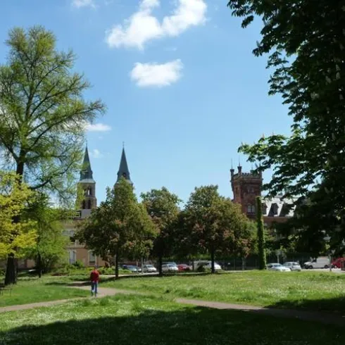 Ein grüner Park mit Bäumen und Wiesen. Im Hintergrund sind Kirchen und historische Gebäude zu sehen.