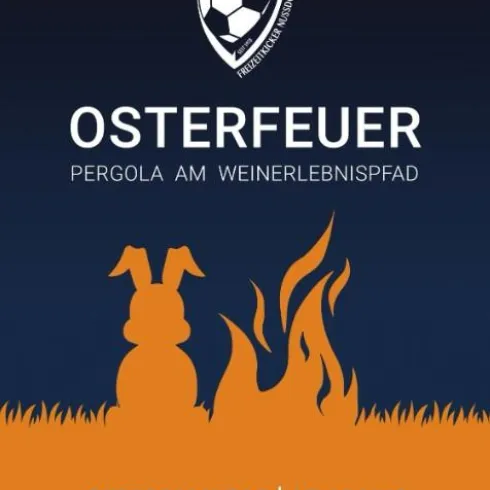 Ein Poster für ein Osterfeuer-Event mit dem Titel "Osterfeuer" und einem Fußball-Symbol. Im Hintergrund sind ein Häschen und Flammen abgebildet.