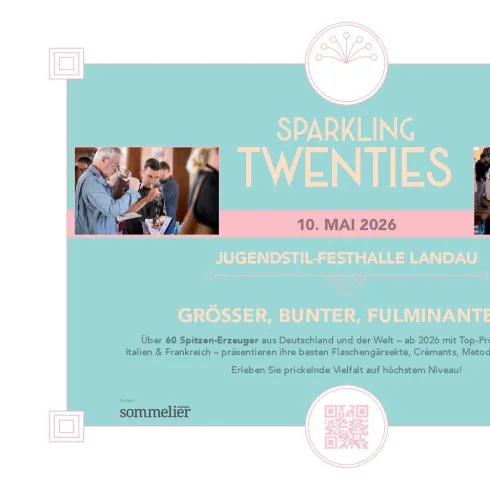 Ein Flyer für die Veranstaltung "Sparkling Twenties" am 10. Mai 2026 in der Jugendstil-Festhalle Landau. Das Event verspricht eine bunte Mischung aus über 60 Spirituosen aus Deutschland und der Welt.