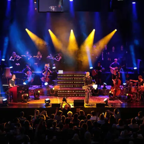 Ein Live-Konzert mit einer Band auf der Bühne. Das Publikum genießt die Show unter bunten Lichtern und Nebel.