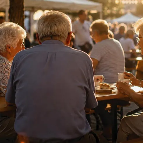 Eine Gruppe älterer Menschen sitzt an einem Tisch im Freien. Die Atmosphäre ist lebhaft, mit vielen Menschen und festlicher Beleuchtung im Hintergrund.
