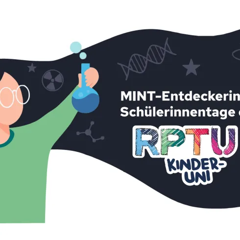 Ein farbenfrohes Design für die RPTU Kinder-Uni mit dem Motto „Mitmachen, Mitforschen, Mitstaunen“. Auf der rechten Seite ist ein MINT-Mach-Pass abgebildet.