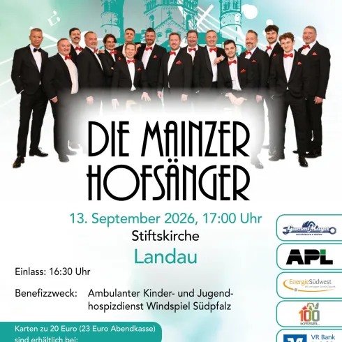 Ein Plakat für ein Konzert der Mainzer Hofsänger. Es zeigt die Künstler in formeller Kleidung und enthält Informationen zu Datum, Uhrzeit und Veranstaltungsort.