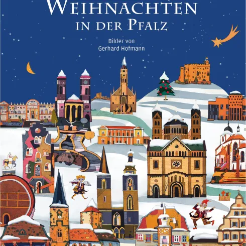Ein buntes Wintermotiv mit verschiedenen Gebäuden und Weihnachtsdekorationen. Die Szene zeigt eine festliche Atmosphäre in der Pfalz zur Weihnachtszeit.