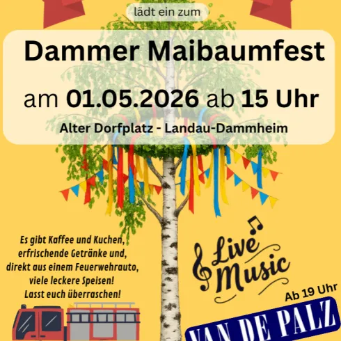 Ein Plakat für das Dammer Maibaumfest am 01.05.2026. Es zeigt einen bunten Baum, Musik und Hinweise auf Kaffee, Kuchen und Livemusik.