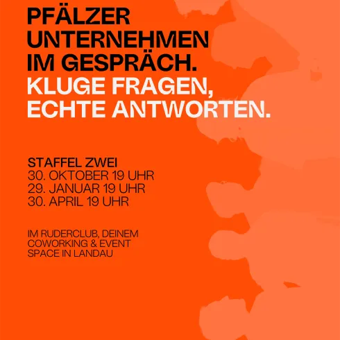 Ein Werbeplakat für die Veranstaltung "Rudertalks". Es informiert über Diskussionen mit pfälzischen Unternehmen und deren Termine.