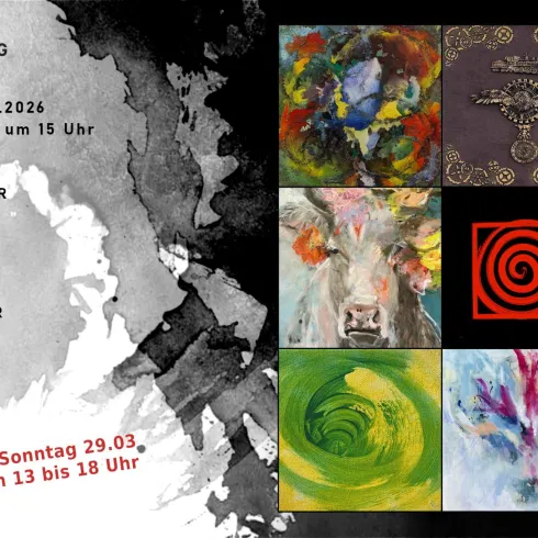 Eine Einladung zur Ausstellung „Übergang der Töne“ mit verschiedenen Kunstwerken. Die Vernissage findet am 28.03. um 15 Uhr statt, und die Ausstellung läuft bis zum 21.04.2026.
