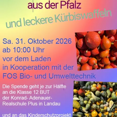 Ein Plakat für einen Promiverkauf mit Terminen und Namen der teilnehmenden Personen. Das Event findet in Weltladen Landau statt und fördert faires Handeln.