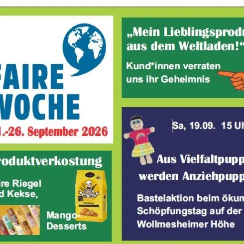 Ein Werbebanner für die Faire Woche, die vom 11. bis 26. September 2026 stattfindet. Es werden Produkte wie faire Riegel und Kekse angeboten, sowie eine Bastelaktion mit Anziehhülsen am 19. September.