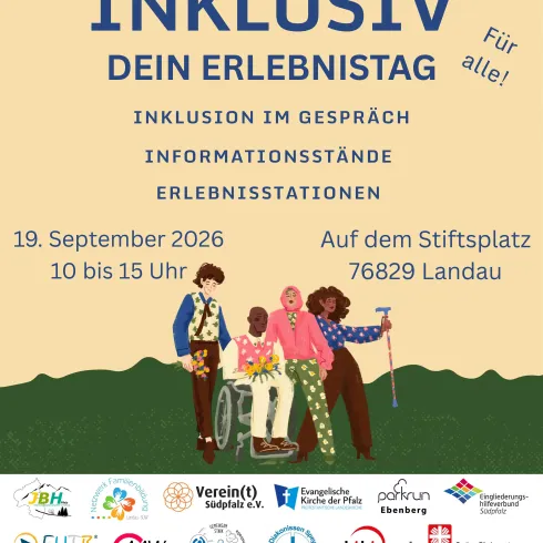 Ein bunt gestaltetes Plakat für eine inklusive Veranstaltung in Landau. Es werden Informationsstände, Kinderschminken und eine inklusive Stadtführung am 23. August 2025 angeboten.