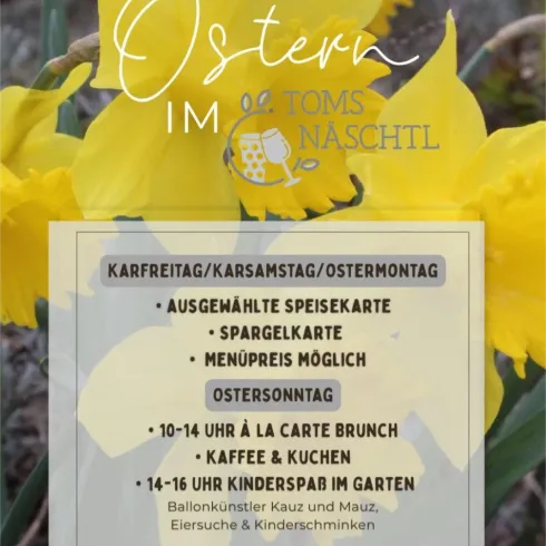 Eine fröhliche Oster-Dekoration mit gelben Narzissen. Informationen zu einem Osterbrunch und Kinderaktivitäten in einem Garten.