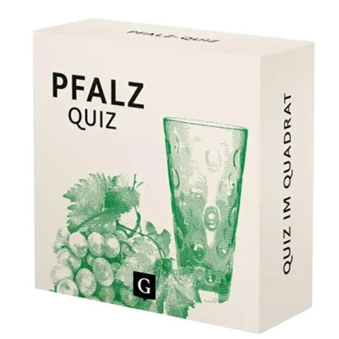 Eine Verpackung für ein Quizspiel mit dem Titel "PFALZ QUIZ". Auf der Box sind Trauben und ein Trinkglas abgebildet.