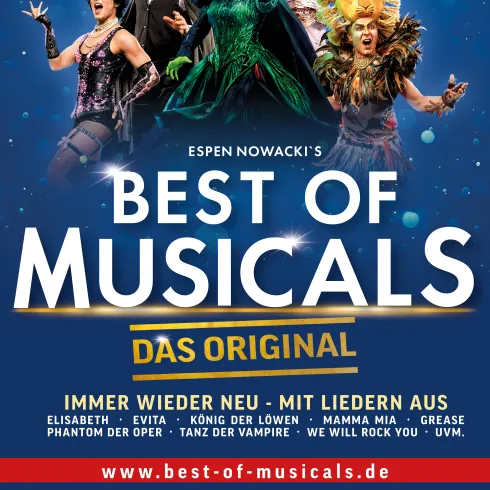Ein bunter Werbeflyer für das Musical "Best of Musicals". Er enthält Informationen zu beliebten Shows und einem bevorstehenden Veranstaltungsdatum.