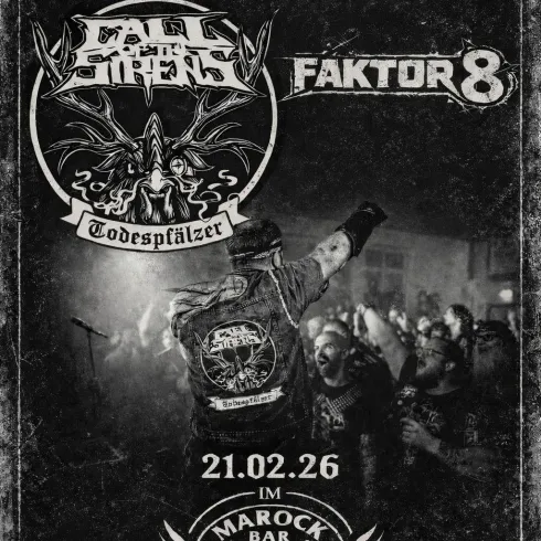 Ein Konzertplakat für die "Pfalz Metalnacht" mit den Bands "Fall of Sinners" und "Faktor 8". Das Event findet am 21. Februar 2026 im Marock Bar in Landau statt.