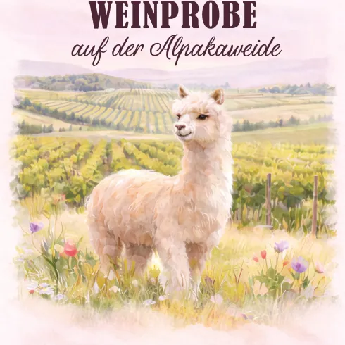 Ein Alpaka auf einer Weide mit Weinbergen im Hintergrund. Die Szenerie ist malerisch und einladend.