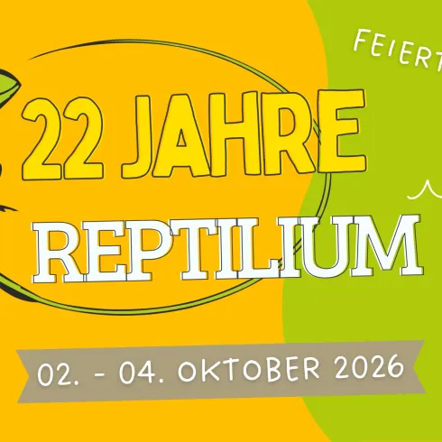 Ein buntes Banner zur Feier von 22 Jahren Reptilium. Das Banner zeigt eine Eidechse und lädt zur Teilnahme an den Feierlichkeiten vom 02. bis 04. Oktober 2026 ein.