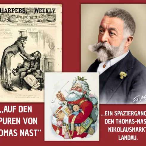 Eine Collage zeigt eine historische Illustration und ein Porträt eines älteren Mannes mit Bart. Der Text verweist auf eine Veranstaltung namens "Thomas Nast Nikolausmarkt" in Landau.