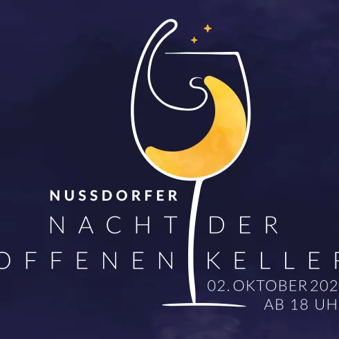 Eine stilisierte Glaskelter mit einem Mondsymbol und funkelnden Sternen. Textankündigung für die "Nusdorfer Nacht der offenen Keller" am 2. Oktober 2026.