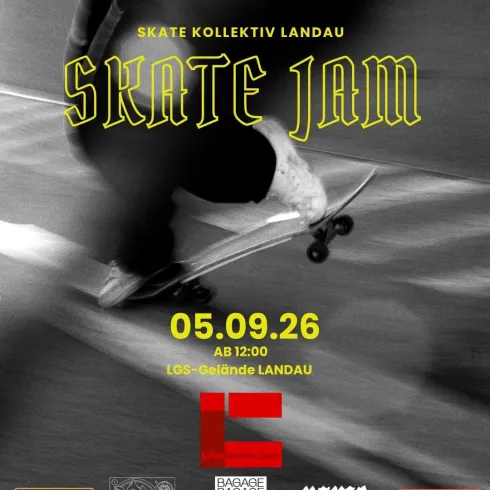 Ein Plakat für ein Skate-Event in Landau. Es zeigt einen Skateboardfahrer und enthält Informationen über den Termin, die Location und zusätzliche Aktivitäten.