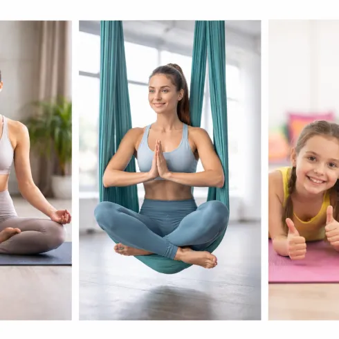 Drei Bilder, die verschiedene Yoga-Posen zeigen. Links sitzt eine Frau im Meditationsmodus, in der Mitte schwebt eine Frau in der Luft, und rechts lächeln zwei Kinder freundlich.