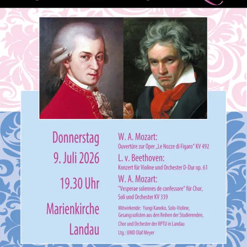 Ein Plakat für ein Semesterabschlusskonzert mit Informationen zu Datum, Uhrzeit und Ort. Die Veranstaltung umfasst Werke von Mozart und Beethoven und findet in der Marienkirche in Landau statt.