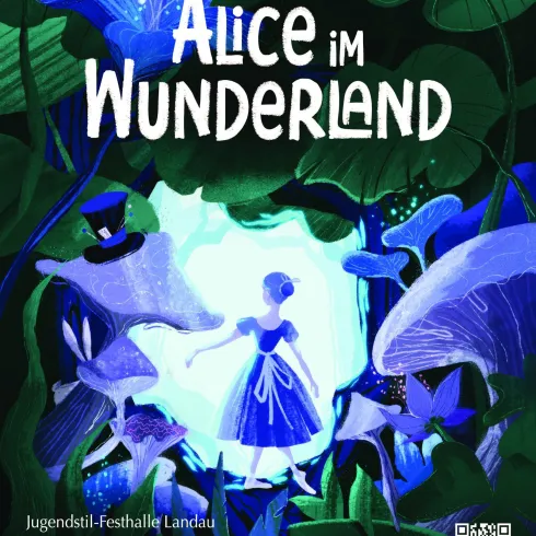 Ein farbenfrohes Poster zu "Alice im Wunderland" mit einer Silhouette von Alice in einem märchenhaften Garten. Das Datum und der Veranstaltungsort sind ebenfalls aufgeführt.