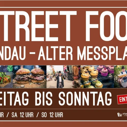 Ein Plakat für ein Street Food Event in Landau am alten Messplatz. Der Eintritt ist frei und die Veranstaltung findet von Freitag bis Sonntag statt.