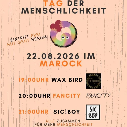 Das Bild zeigt ein Plakat für ein Wunschkonzert in einer Bar. Es enthält Informationen über die Veranstaltung, Musikrichtungen und spezielle Angebote.