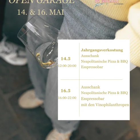 Eine Einladung zu einer Open Garage Veranstaltung mit Datum und Uhrzeit. Die Informationen beinhalten eine Verkostung von neapolitanischer Pizza und BBQ sowie einen Essensbereich.