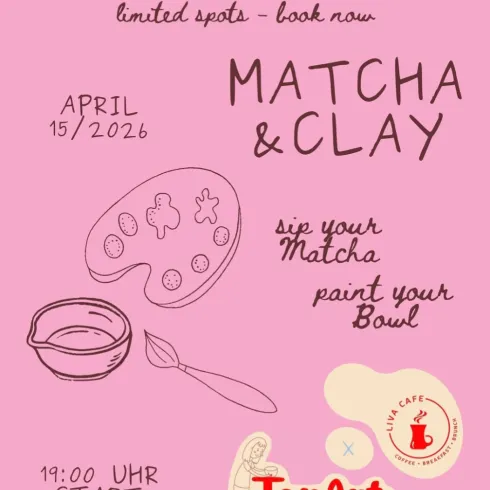 Ein pinkes Plakat für eine Veranstaltung mit dem Titel "Matcha & Clay". Es zeigt eine Farbpalette, eine Schüssel und Informationen zum Datum und zur Uhrzeit.