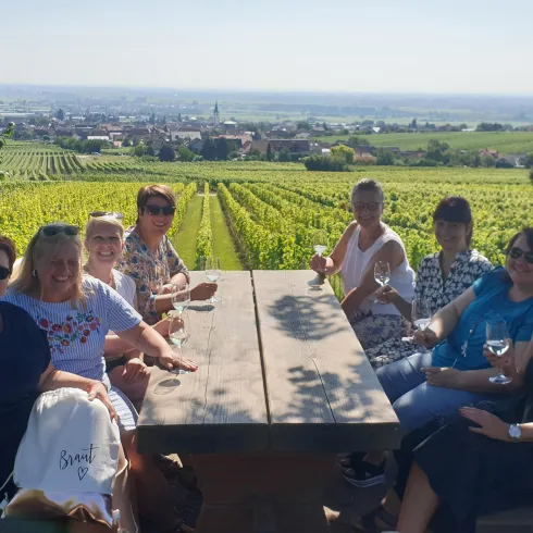 Eine Gruppe von Menschen sitzt an einem Tisch inmitten von Weinbergen. Im Hintergrund sind eine malerische Landschaft und ein klarer Himmel zu sehen.