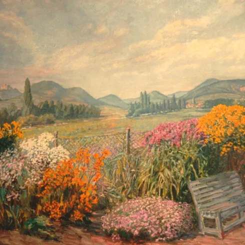 Heinrich Strieffler, Blumengarten mit Blick auf die Haardt. 1942. Öl auf Leinwand. (Quelle: Strieffler Stiftung, Inv. Nr. 415.)
