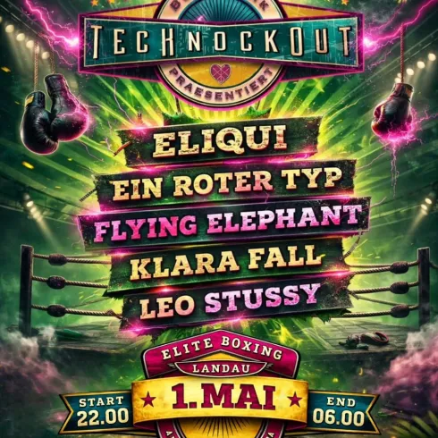 Ein farbenfrohes Eventplakat für eine Musikveranstaltung mit Box-Thema. Es zeigt Informationen zu Künstlern und dem Datum der Veranstaltung.