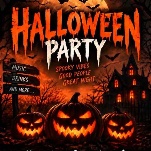 Ein spooky Halloween-Party-Plakat mit gruseligen Kürbissen und einem dunklen Hintergrund. Es werden Musik und Getränke angeboten, und Kostüme sind willkommen.