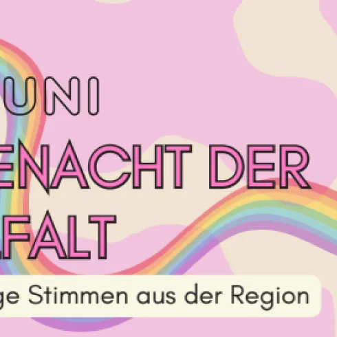 Das Bild zeigt eine bunte Gestaltung mit einem Regenbogen und einem textlichen Hinweis auf die "Lesenacht der Vielfalt" am 11. Juni. Der Hintergrund ist in sanften Rosa- und Beigetönen gehalten und vermittelt ein freundliches, einladendes Gefühl.