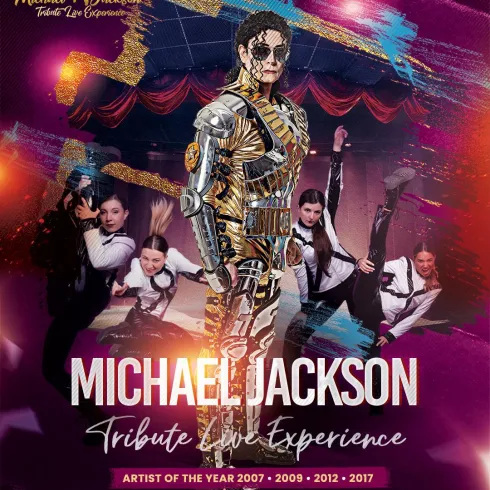 Ein farbenfrohes Plakat für das Michael Jackson Tribute Live Erlebnis. Es zeigt Tänzer in auffälligen Kostümen und hebt die künstlerische Leistung des Künstlers hervor.