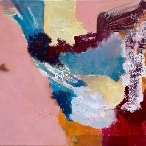 Ein abstraktes Gemälde mit lebendigen Farben und dynamischen Pinselstrichen. Die Formen und Texturen vermitteln ein Gefühl von Bewegung und Kreativität.