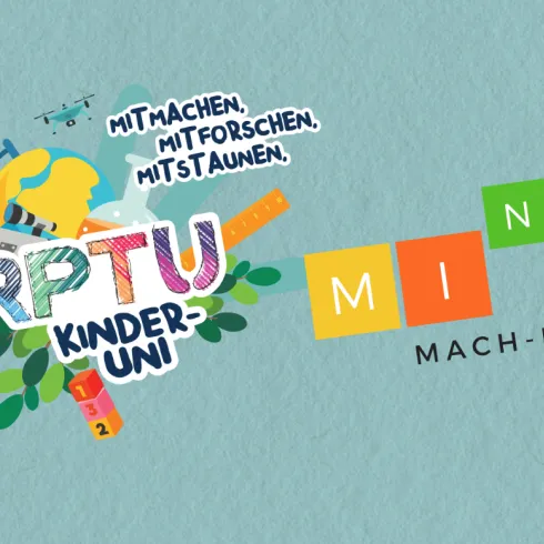 Eine bunte Illustration mit dem Text „RPTU Kinder-Uni“ und dem MINT-Mach-Pass. Das Design enthält verschiedene Symbole für Wissenschaft und Bildung.