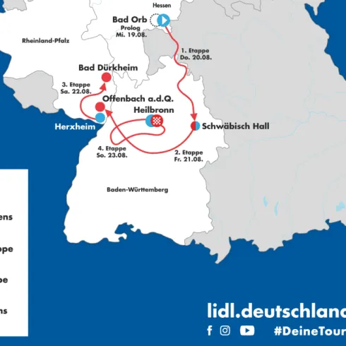 Eine Karte der Deutschland-Tour zeigt die Route mit verschiedenen Etappen. Die wichtigsten Punkte sind klar markiert, einschließlich Start- und Zielorten.