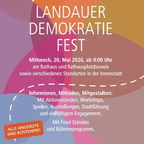 Ein Plakat für das Landauer Demokratie Fest am 20. Mai 2026. Es informiert über verschiedene Aktivitäten, Workshops und kostenlose Angebote in der Innenstadt.