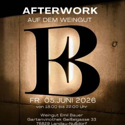 Ein einladendes Afterwork-Event auf dem Weingut. Datum ist der 5. Juni 2026, von 18:00 bis 22:00 Uhr.