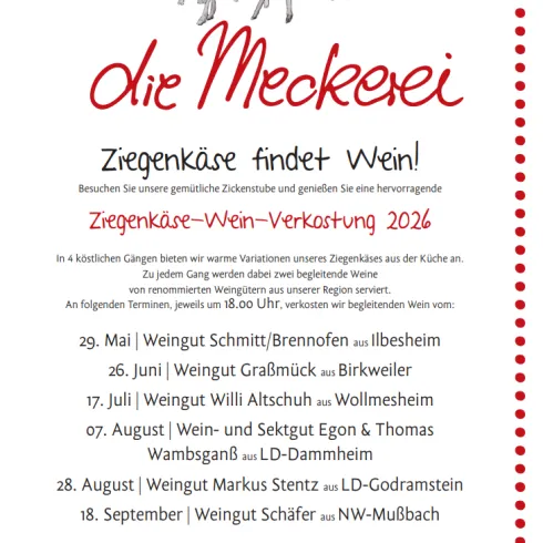 Eine Einladung zur Ziegenkäse-Wein-Verkostung mit Informationen über die Veranstaltung. Im Hintergrund sind Illustrationen von Ziegen und ein einladendes Layout zu sehen.