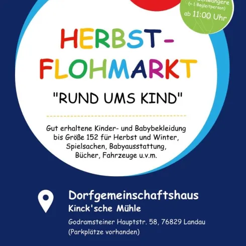 Ein bunter Flyer für einen Herbstflohmarkt, der am 20. September stattfinden wird. Angeboten werden Kinder- und Babyartikel sowie Kaffee und Kuchen.