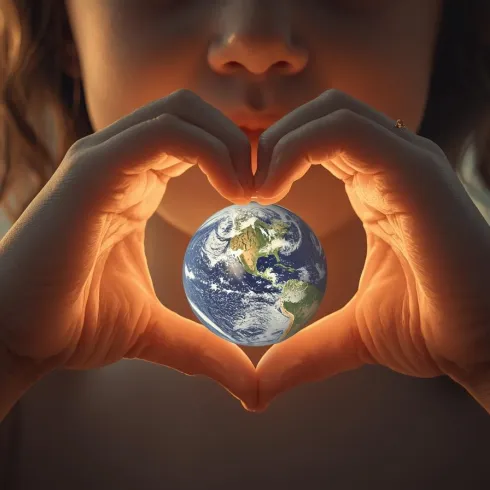 Ein Kind formt mit seinen Händen ein Herz und hält die Erde darin. Der Hintergrund zeigt einen schönen Himmel bei Sonnenuntergang.