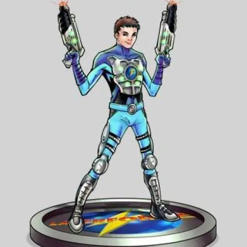 Ein animierter Charakter in blauem Raumanzug steht auf einer Plattform. Er hält in jeder Hand eine futuristische Waffe.