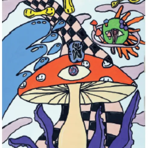 Ein farbenfrohes, surrealistisches Bild mit einem großen, roten Pilz und verschiedenen abstrakten Formen. Im Hintergrund sind verstreute geometrische Muster und lebendige Farben zu sehen.