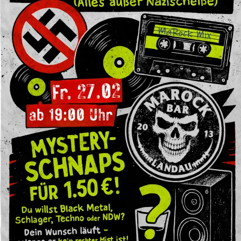 Das Bild zeigt ein Plakat für ein Wunschkonzert in einer Bar. Es enthält Informationen über die Veranstaltung, Musikrichtungen und spezielle Angebote.