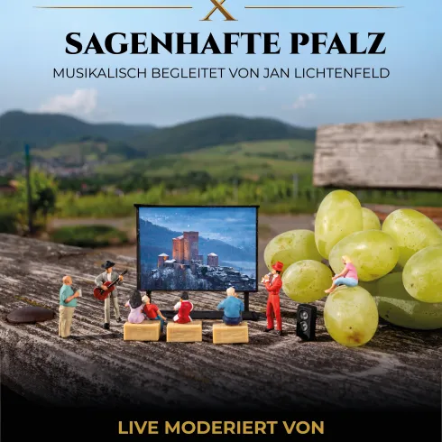 Eine kreative Darstellung eines Musikevents mit Miniaturfiguren vor einer bezaubernden Landschaft. Die Veranstaltung verbindet "Little Pfalz" und "Sagenhafte Pfalz" und findet am 16. Oktober 2026 statt.