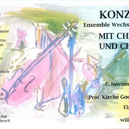Ein künstlerisches Plakat für ein Konzert mit verschiedenen Instrumenten wie Geige und Cello. Die Veranstaltung findet am 7. November 2026 in der Prot. Kirche Godramstein statt und der Eintritt ist frei.